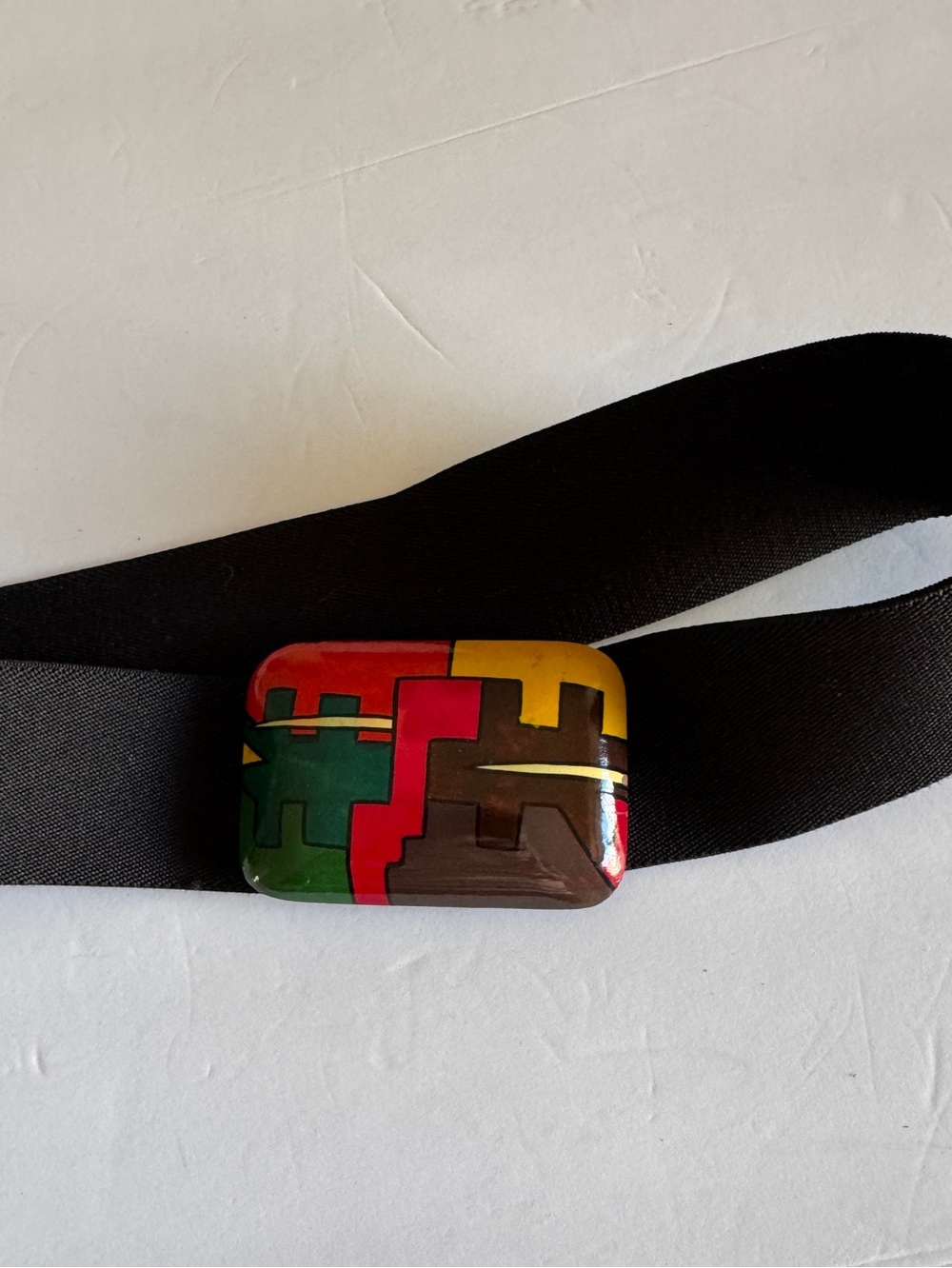 Bill Blass Black Elastic Belt with Stylish Multicolor Geometric Buckle